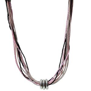 Elegant Multi Strand Pink Black Seed Beaded Statement Necklace Silver-Tone Rings